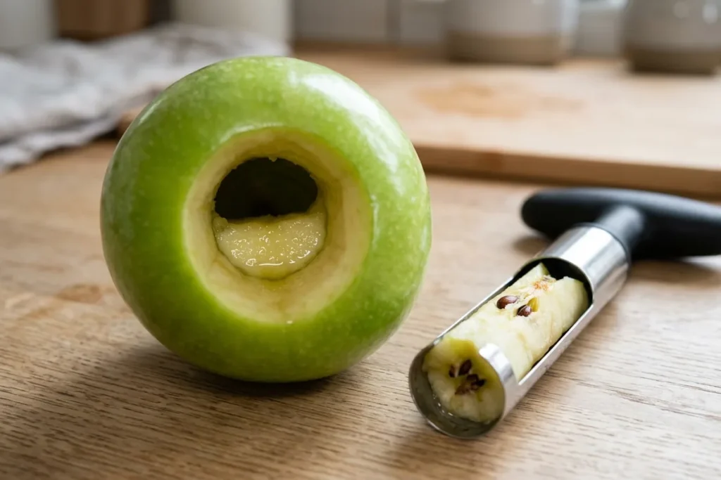 Blick schräg von oben in einen ausgestochenen grünen Apfel: das runde Loch ist unten geschlossen, der Boden aus Fruchtfleisch ist sichtbar, daneben liegt der Ausstecher mit dem herausgelösten Zylinder