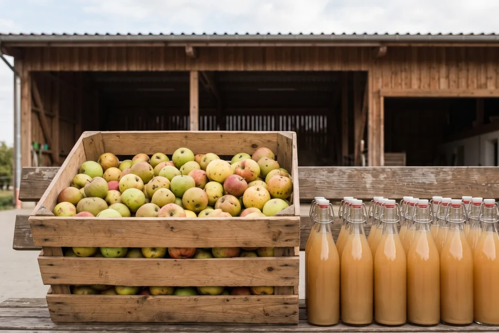 Eine volle Holzsteige Äpfel steht auf einer Bank, daneben zwei Reihen Bügelflaschen mit trübem Saft