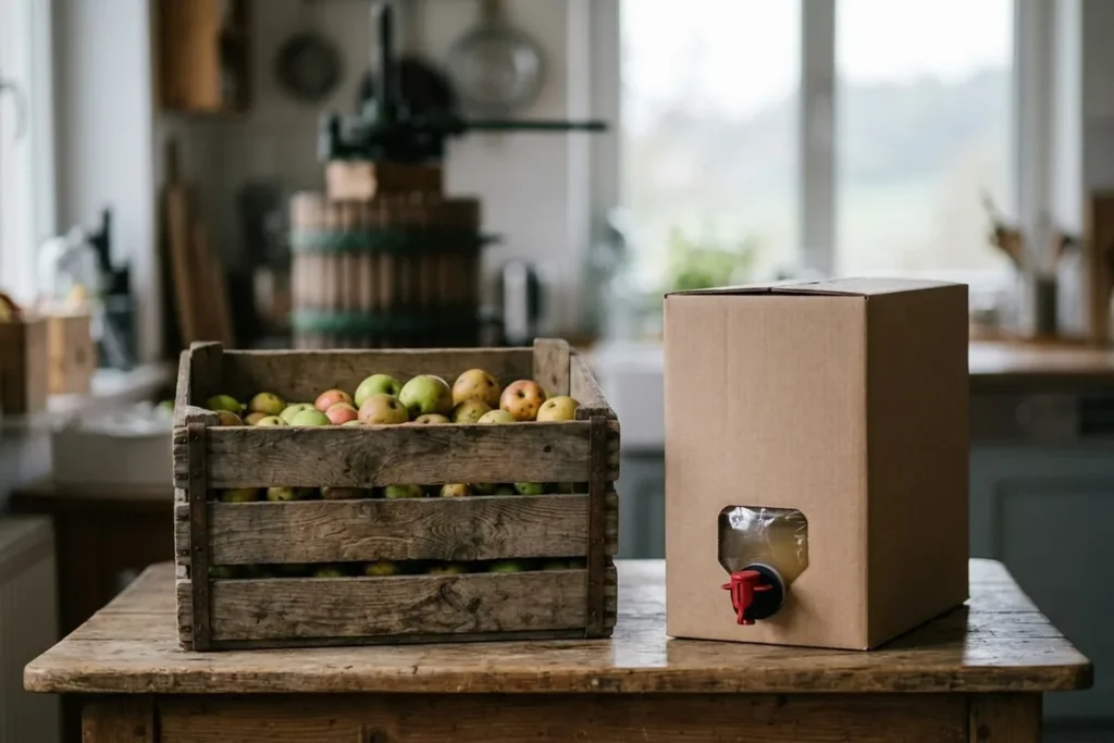Eine volle Apfelkiste neben einem abgefüllten Saftkarton mit Zapfhahn, im Hintergrund unscharf eine Obstpresse