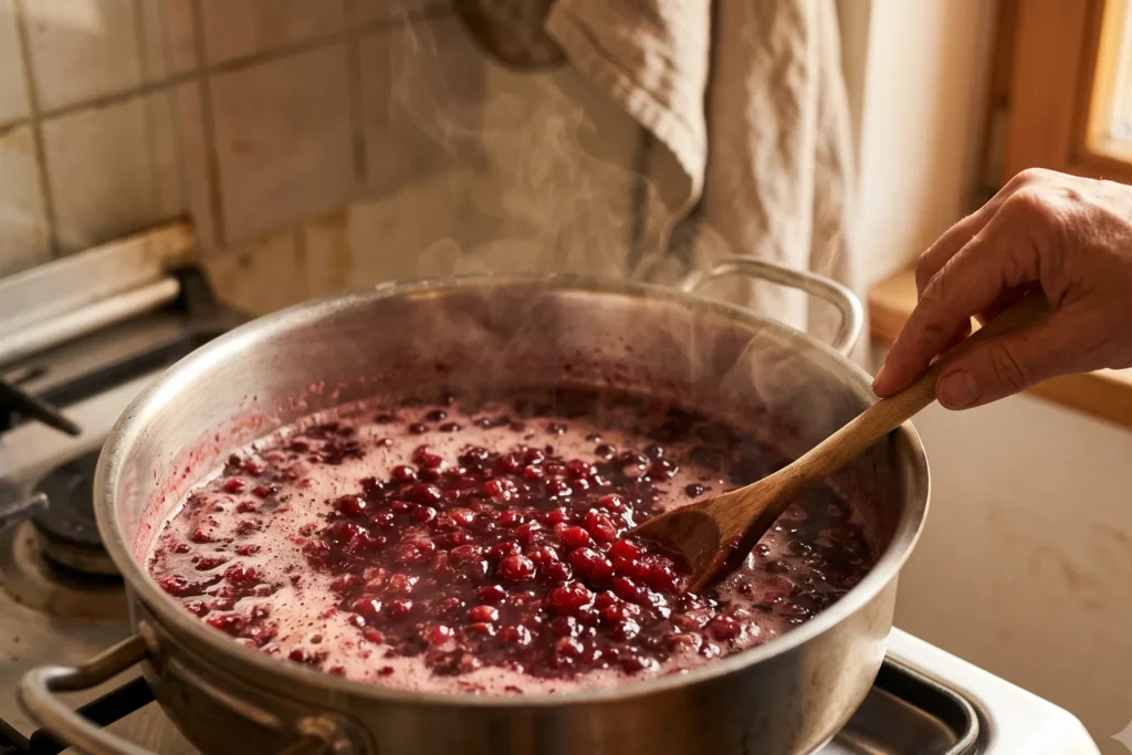Dunkelrote Preiselbeeren köcheln in einem Topf, einzelne Beeren sind aufgeplatzt, leichter Dampf steigt auf