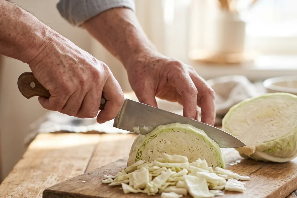 Hände eines älteren Mannes schneiden einen Weißkohl auf einem Holzbrett in daumenbreite Stücke