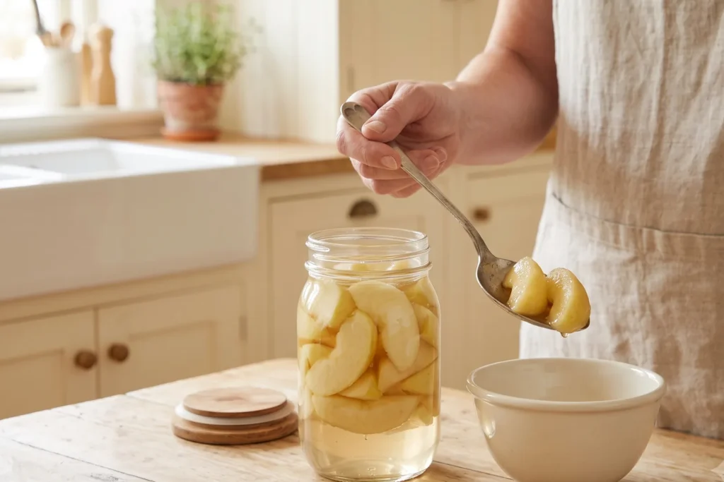 Geöffnetes Glas Apfelkompott mit intakten Apfelstücken auf einem Löffel über einer Schale