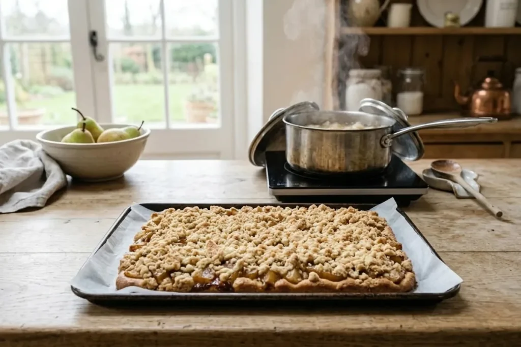 Topf mit köchelndem Birnenkompott neben einem Blech Streuselkuchen mit Birnenstücken