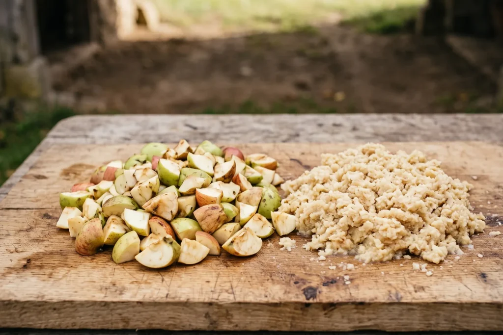 Ein Holzbrett mit grob geviertelten Apfelstücken neben fein gemahlener, streuselartiger Maische