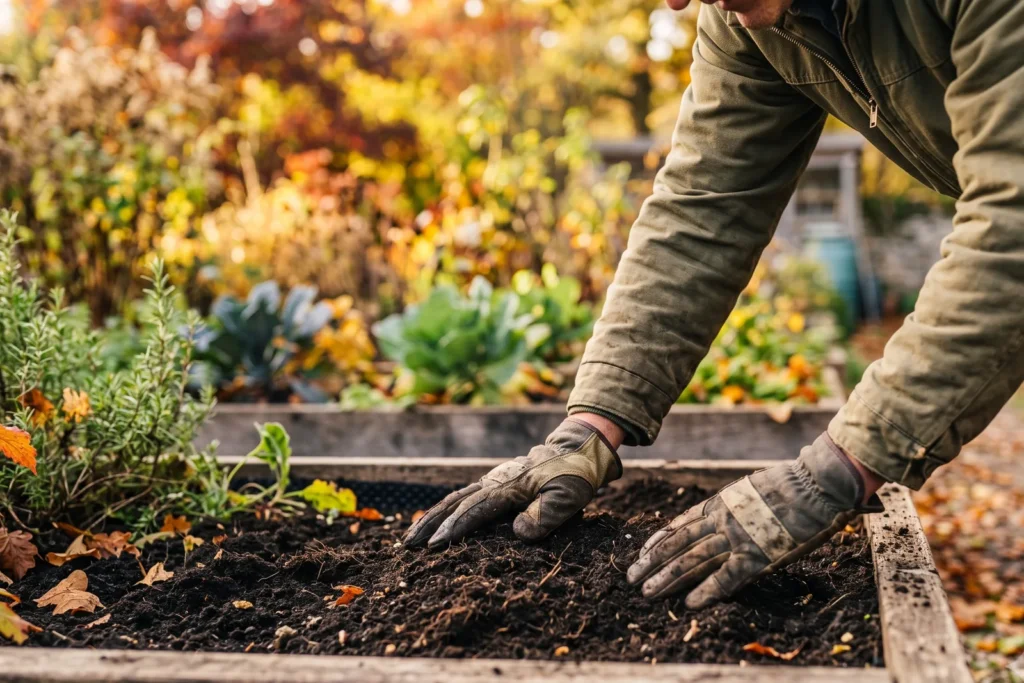 Hände in Arbeitshandschuhen streichen frische dunkle Erde in einem Hochbeet glatt