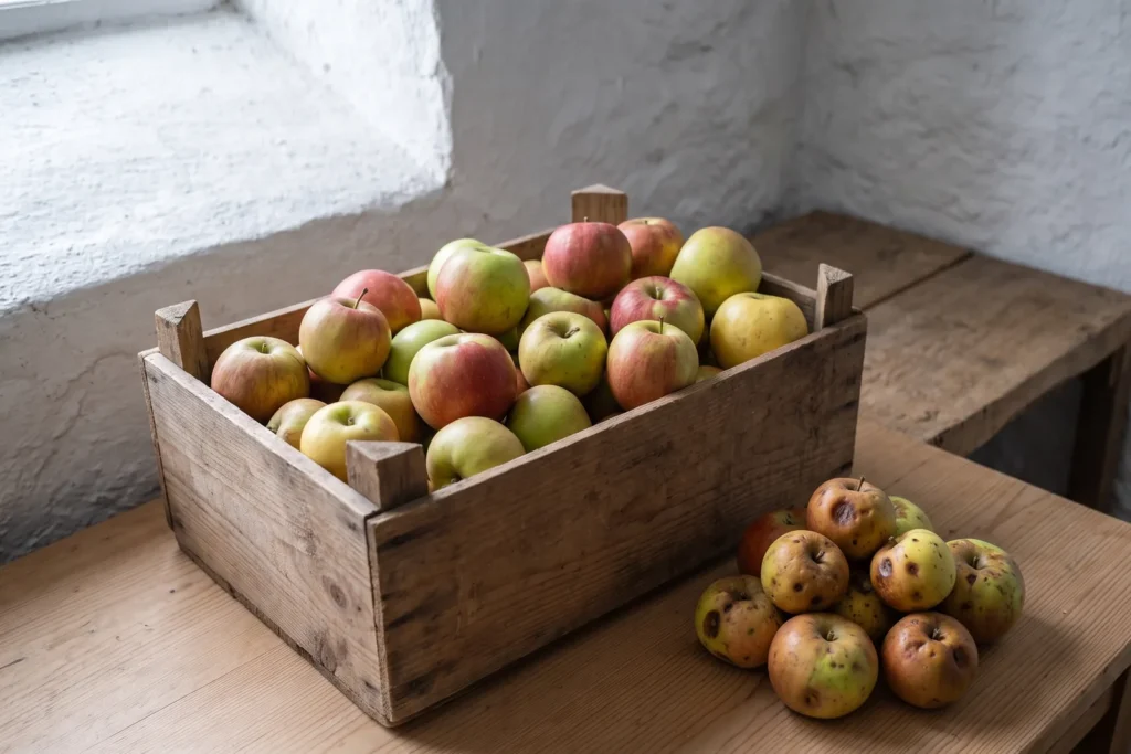 Holzkiste mit sortierten Streuobstäpfeln, daneben ein kleiner Haufen faulender und druckstelliger Früchte