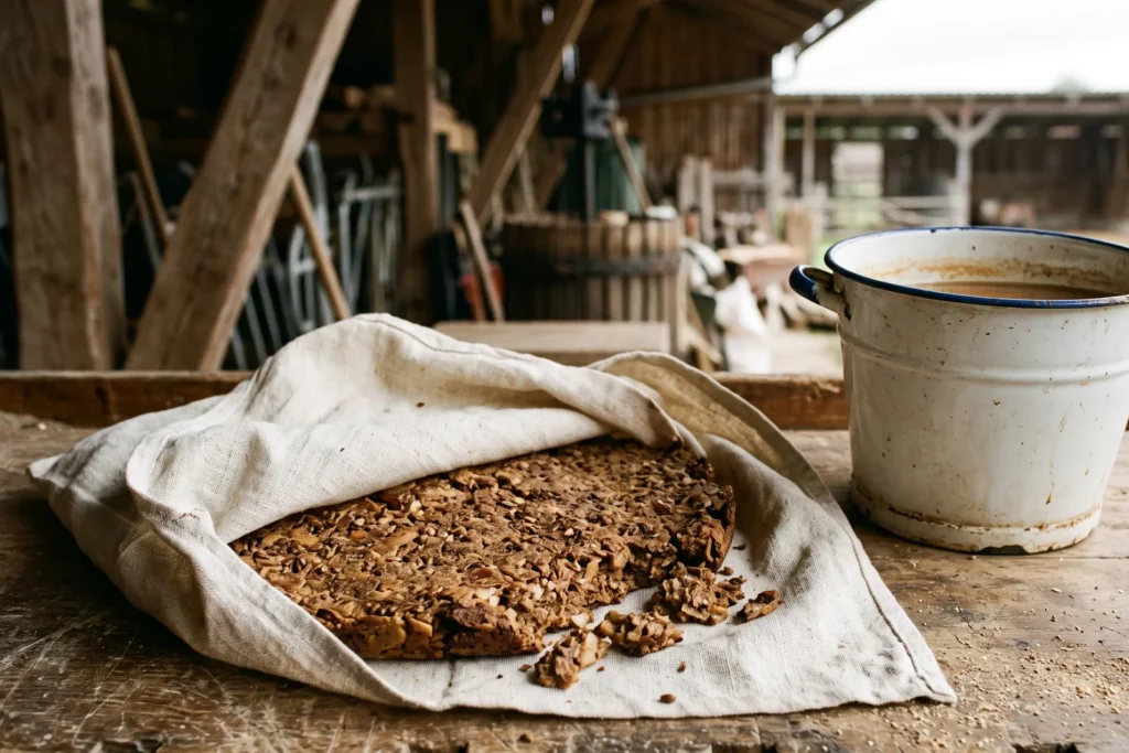 Flacher, dunkelbrauner Presskuchen aus Apfeltrester liegt bröselig auf einem aufgeschlagenen Leinentuch, daneben ein Emailleeimer mit trübem Saft