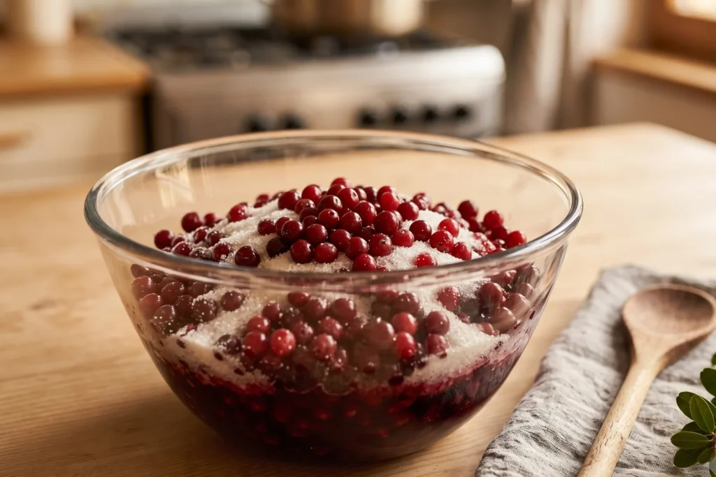 Preiselbeeren mit Zucker vermischt in einer Schüssel, am Boden hat sich bereits dunkelroter Saft gesammelt