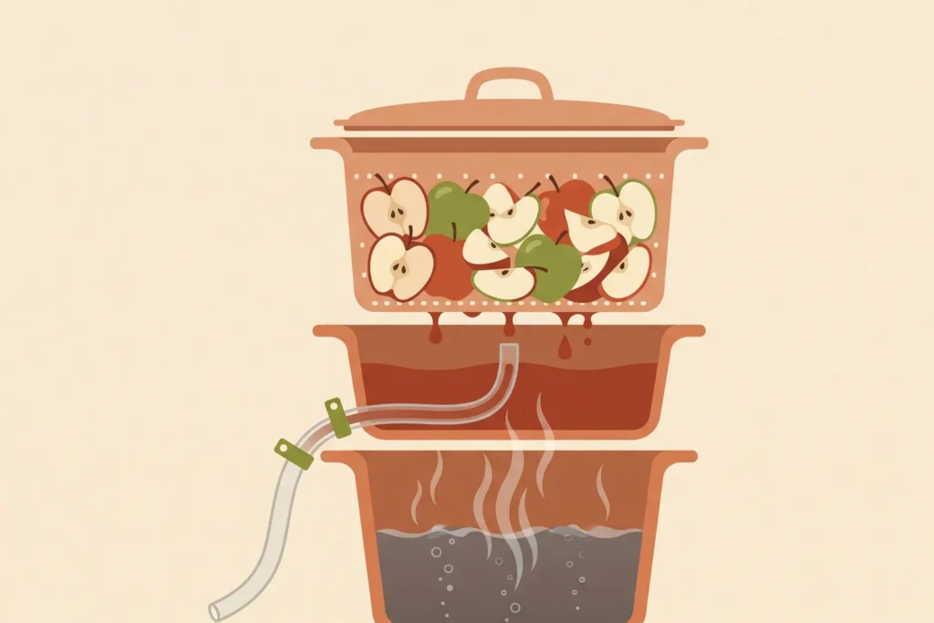 Schema eines Dampfentsafters mit Wassertopf unten, Saftauffangschale in der Mitte und Fruchtkorb oben