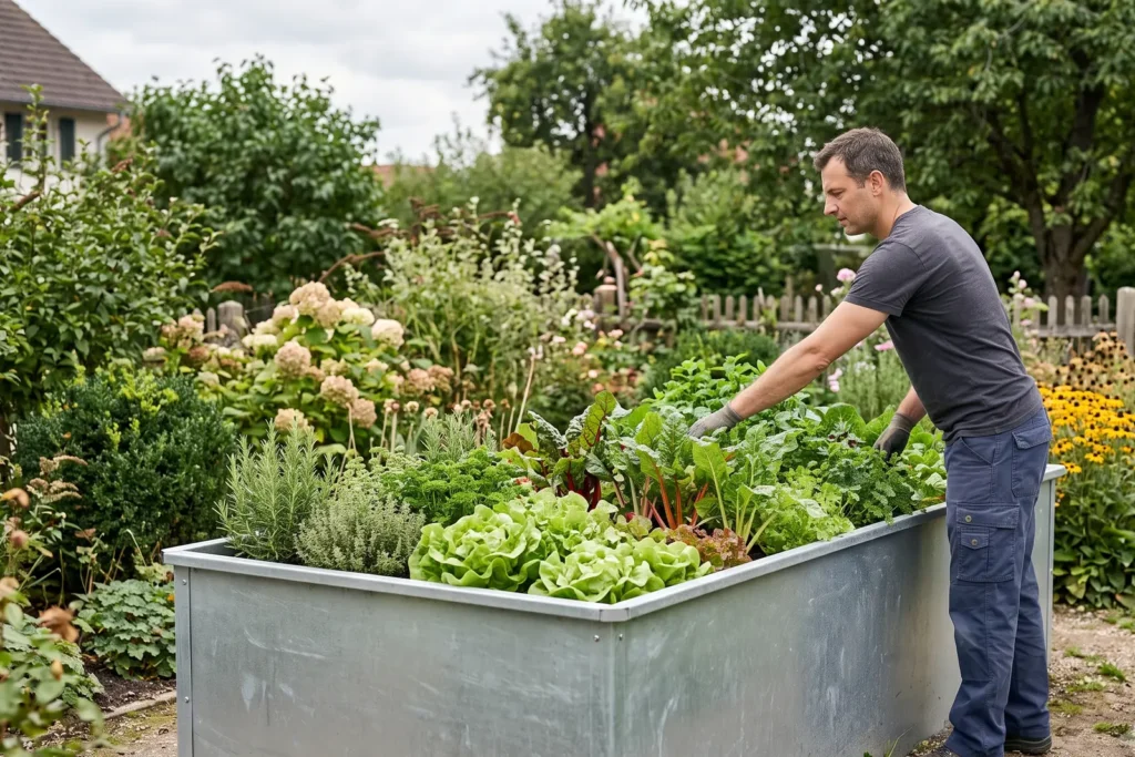 Person greift von der Längsseite eines Hochbeets bis zur Mitte des Beetes