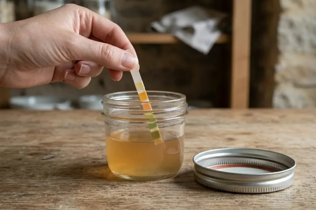 Eine Hand zieht einen schmalen Papier-Teststreifen mit farbigen Reaktionsfeldern aus einem kleinen Glas mit trübem Essig, daneben steht ein Probegläschen