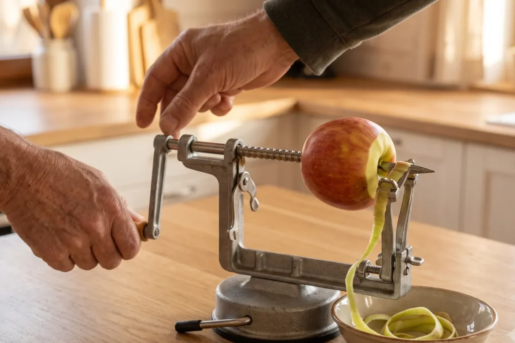 Apfel auf einem Kurbel-Apfelschäler, von dem sich eine lange Schalenspirale löst