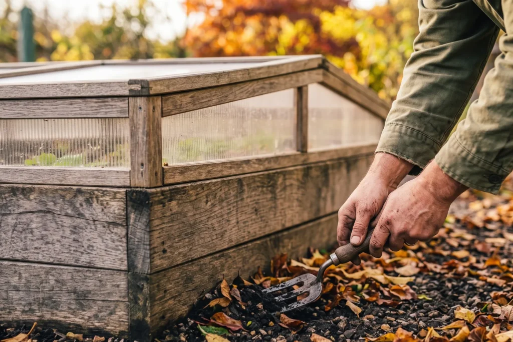 Grabegabel lockert die Erde an der Kante eines Hochbeets, am Boden liegt Herbstlaub