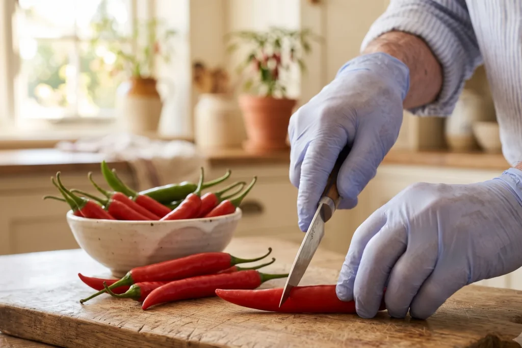 Hände eines älteren Mannes in Einweghandschuhen stechen eine ganze rote Chilischote mit der Messerspitze ein