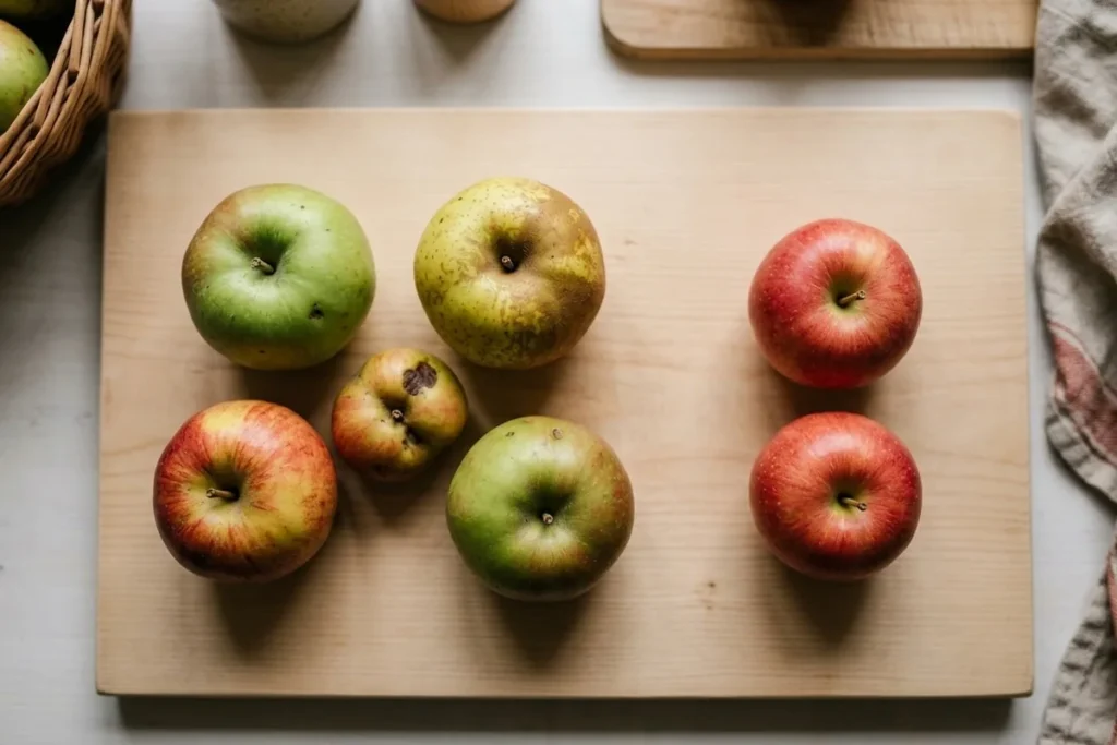 Fünf bis acht unterschiedlich große und gefärbte Streuobstäpfel neben zwei makellosen, gleich großen Handelsäpfeln auf einem Holzbrett