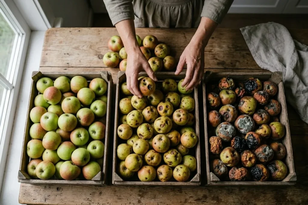 Drei Häufchen Äpfel von oben fotografiert: unversehrte Früchte, Äpfel mit Druckstellen und faulige Äpfel, Hände sortieren gerade