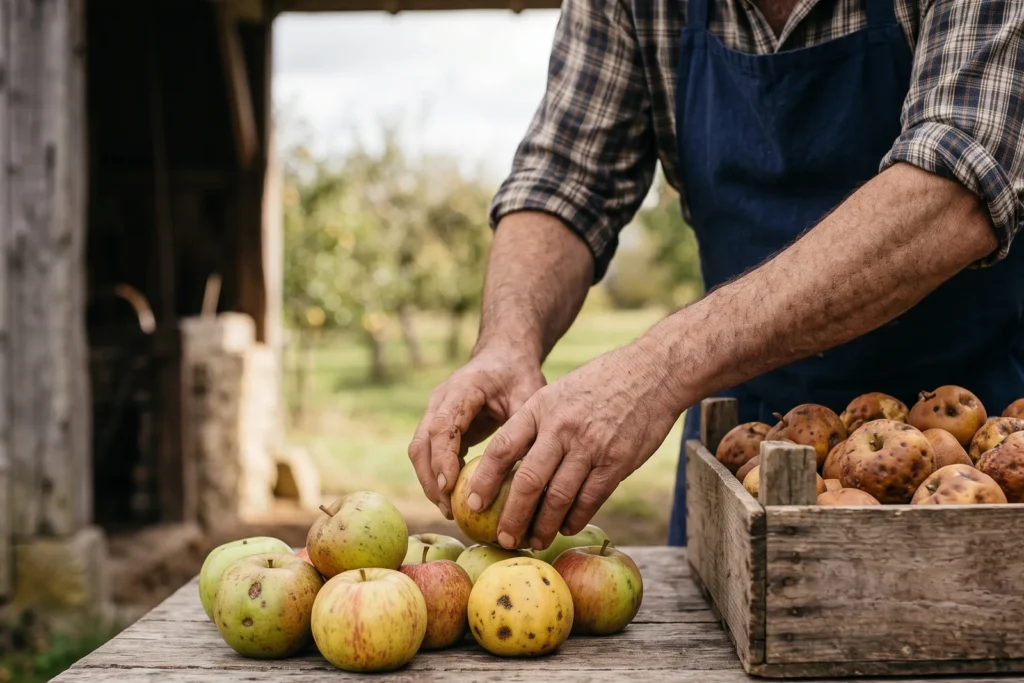 Eine Hand legt einen Apfel auf einen Haufen fester Früchte, rechts daneben steht abgesetzt eine Kiste mit weichen, braunfaulen Äpfeln