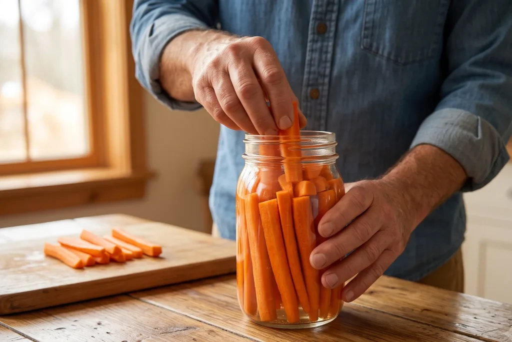 Möhrensticks werden senkrecht und dicht in ein Weithals-Glas gestellt, eine Hand verkeilt die letzten Sticks unter der Glasschulter