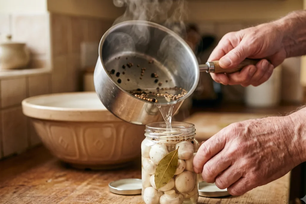 Kochend heißer Essigsud wird dampfend über dicht geschichtete Champignons in ein kleines Einmachglas gegossen, bis sie vollständig bedeckt sind