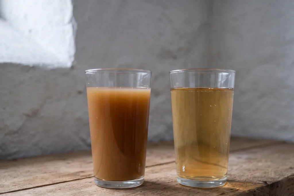 Zwei gleiche Gläser nebeneinander auf einem Holztisch im Vorratskeller, eines mit trübem Süßmost gefüllt, das andere mit hellerem, klarem Apfelwein