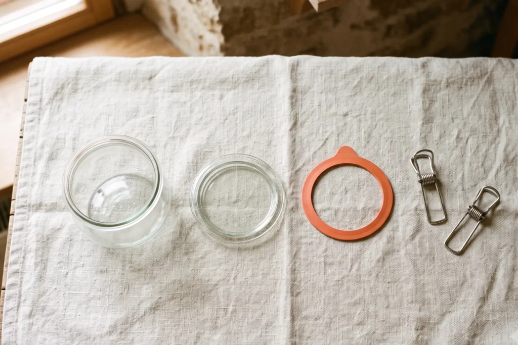 Einmachglas, Glasdeckel, Gummiring und zwei Edelstahlklammern liegen einzeln nebeneinander auf hellem Leinen