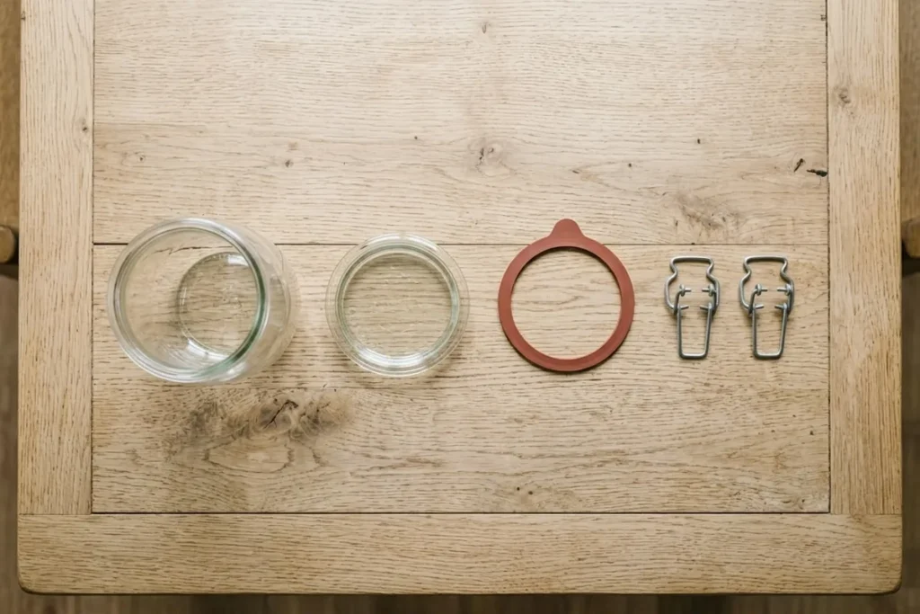 Einmachglas, Glasdeckel, roter Gummiring mit Lasche und zwei Metallklammern liegen einzeln nebeneinander auf einem Holztisch