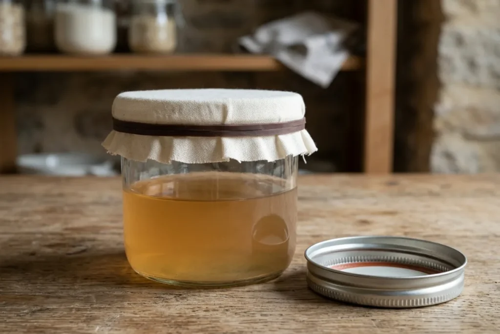 Nahaufnahme des Rands eines aufrecht stehenden Glases mit straff aufgebundenem Baumwolltuch und sichtbarem Gummiring, daneben liegt ein ungenutzter Schraubdeckel mit Gewinderand
