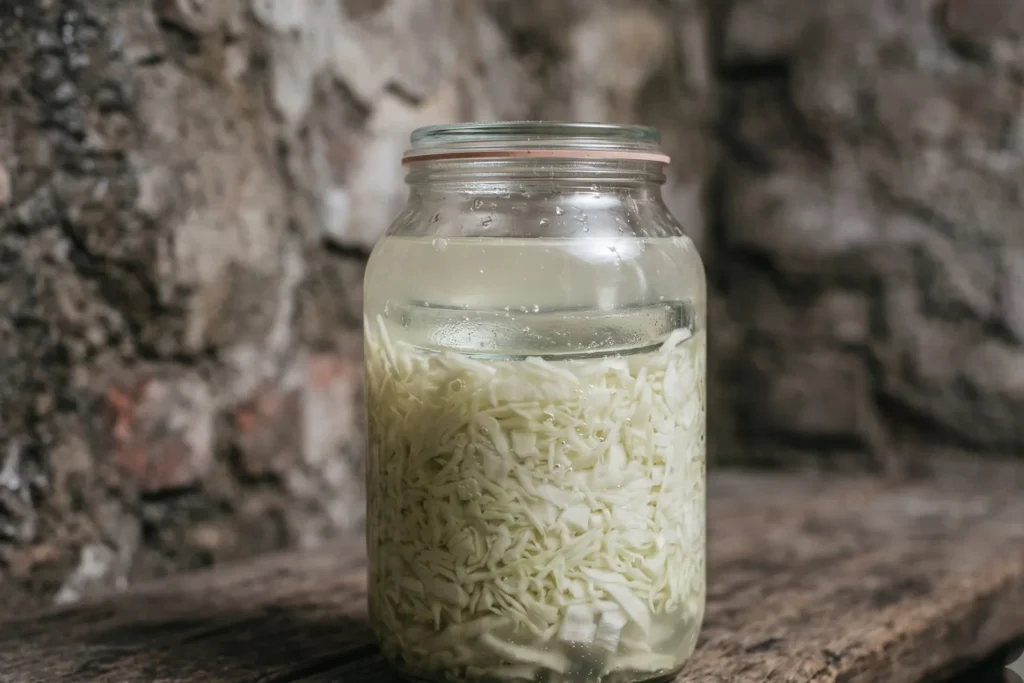 Fermentierglas von der Seite, das Gemüse wird von einem Glasgewicht unter der Lake gehalten