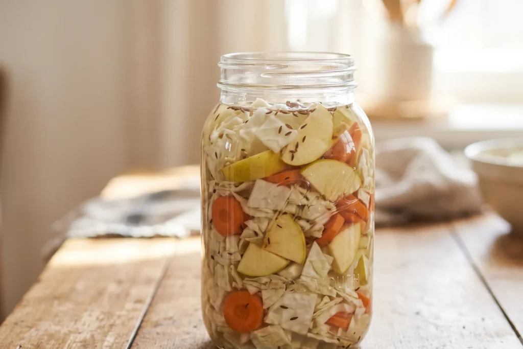 Ein Glas mit grob geschnittenem Weißkohl, Möhrenscheiben, Apfelspalten und Kümmelkörnern in Lake