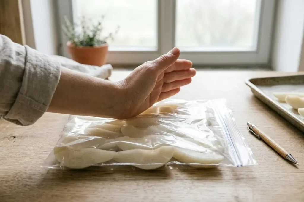 Eine Hand drückt die Luft aus einem flach gefüllten Gefrierbeutel mit geschälten Birnenspalten, daneben liegt ein Stift bereit