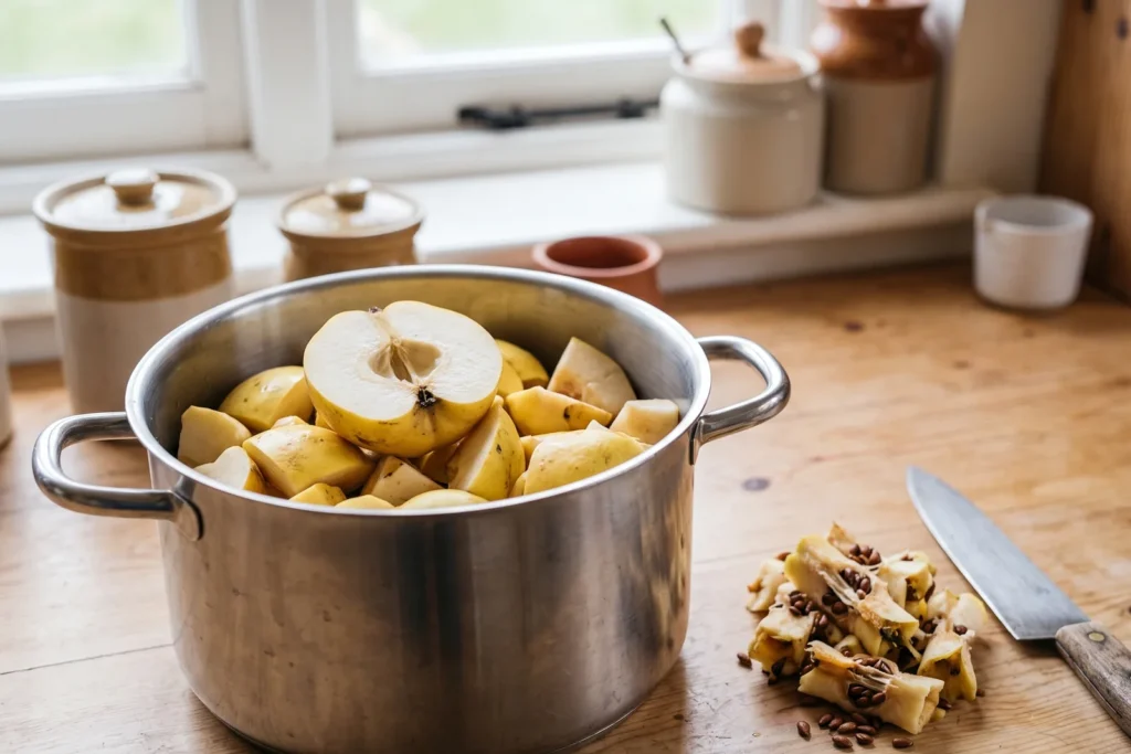 Ein Topf voll grob geviertelter Quitten mit Schale, obenauf eine halbierte Frucht mit sichtbarem Kerngehäuse, daneben ein Häufchen herausgeschnittener Kerngehäuse und ein großes Messer
