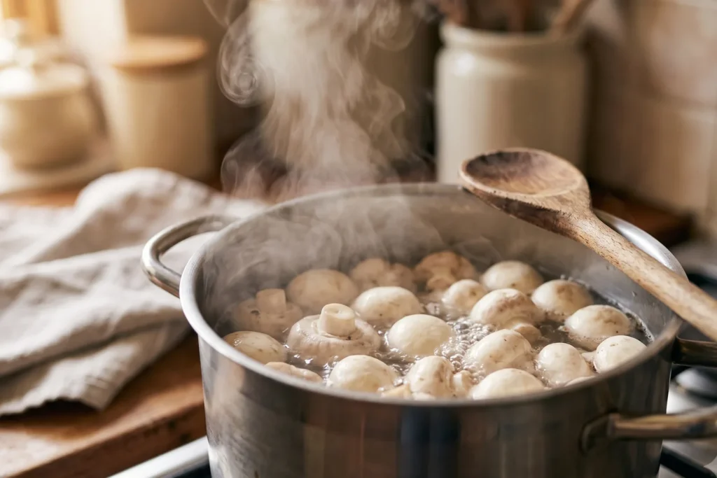 Weiße Champignons sieden dampfend in einem Edelstahltopf mit Salzwasser auf dem Herd