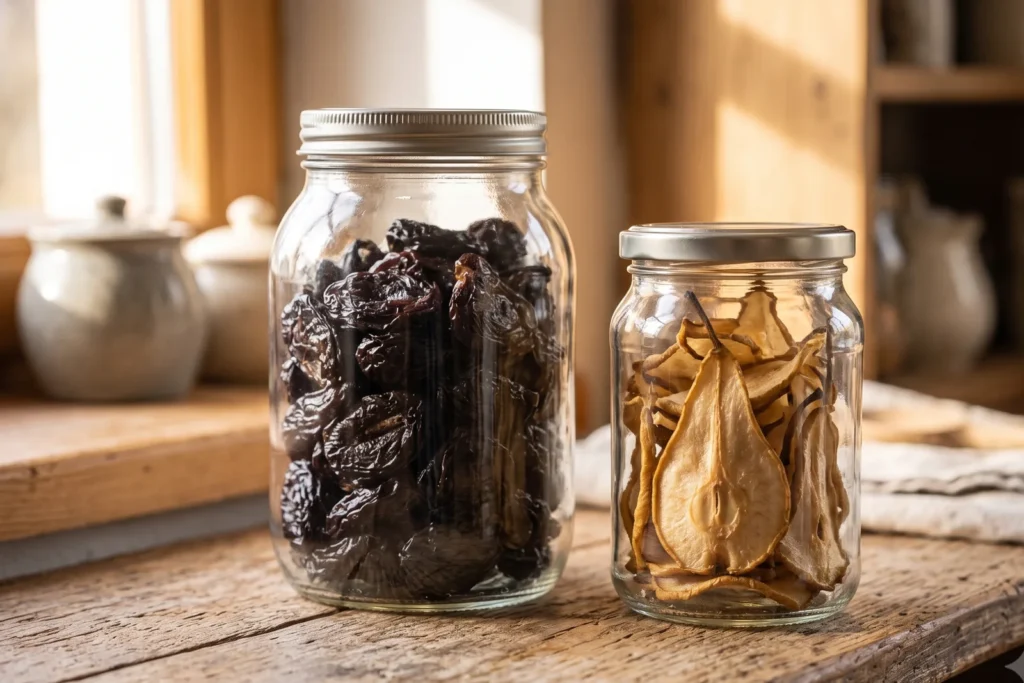 Vorratsglas mit dunklen, runzligen Backpflaumen auf einem Holzregal