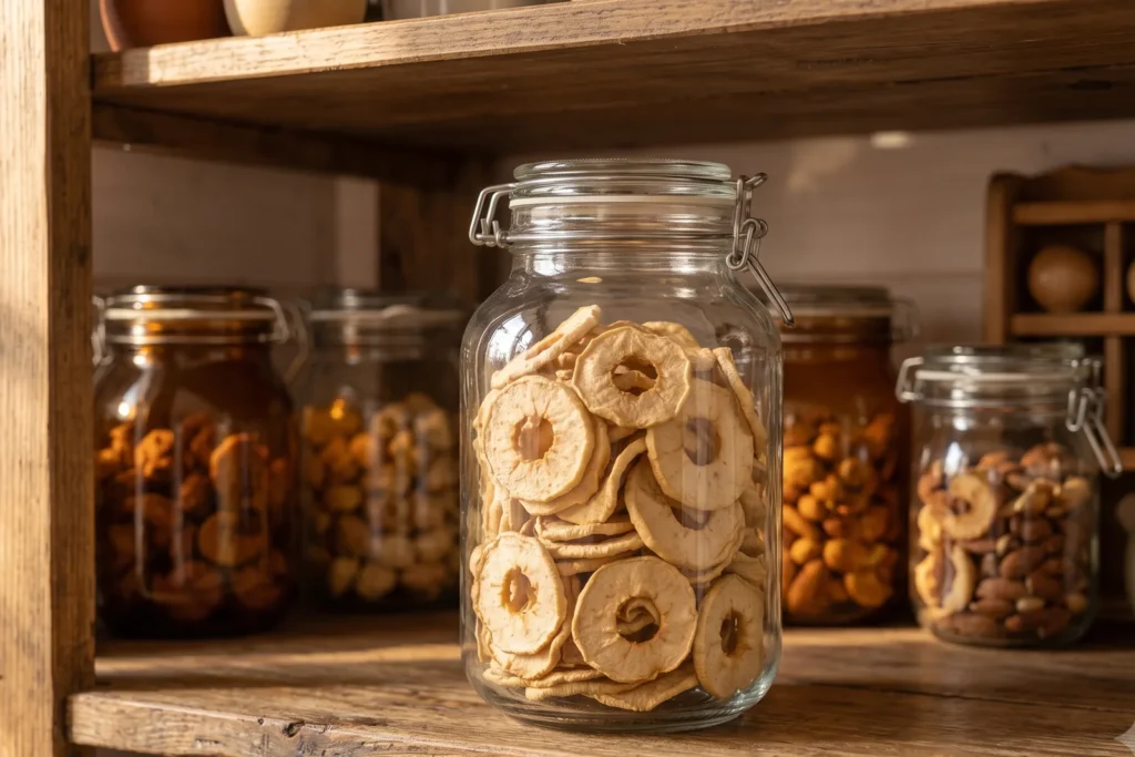 Locker geschichtete getrocknete Apfelringe in einem großen Vorratsglas auf einem Holzregal