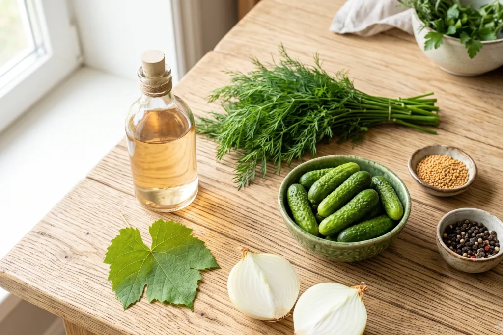 Einlegegurken, Dillzweige, Senfkörner, eine Zwiebel, eine Essigflasche und ein Weinblatt auf einem Holztisch angeordnet