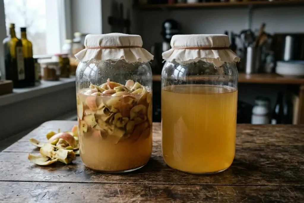 Zwei weithalsige Gläser nebeneinander, eines mit Apfelschalen und Kerngehäuse in trüber Flüssigkeit, eines mit klarem gelbem Apfelwein, beide mit aufgebundenem Tuch